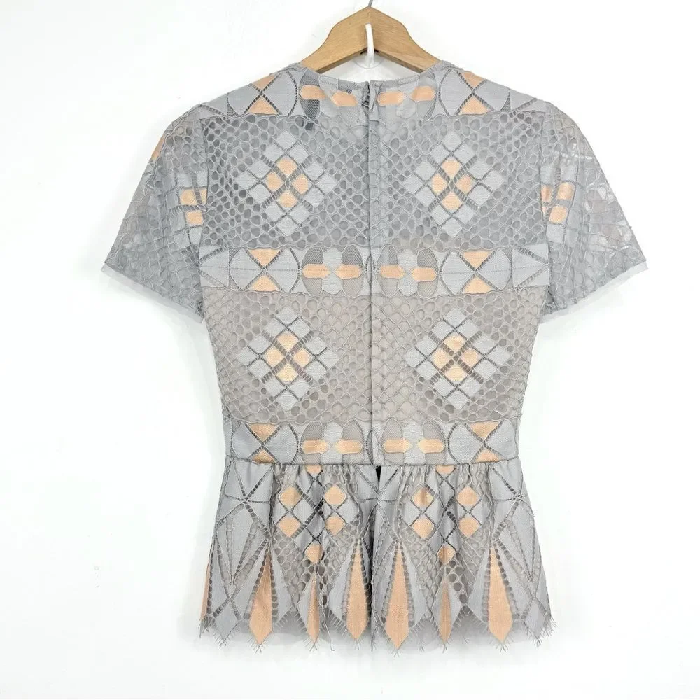 BCBGMAXAZRIA Light Dusk Contemporary Geometric Lace Mesh Overlay Peplum Blouse